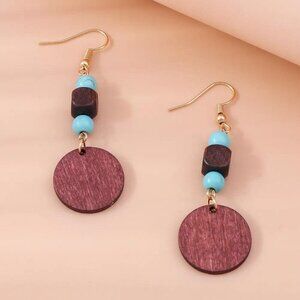 Simple Boho Wooden and Faux Turquoise Lightweight Western Style Drop Earrings